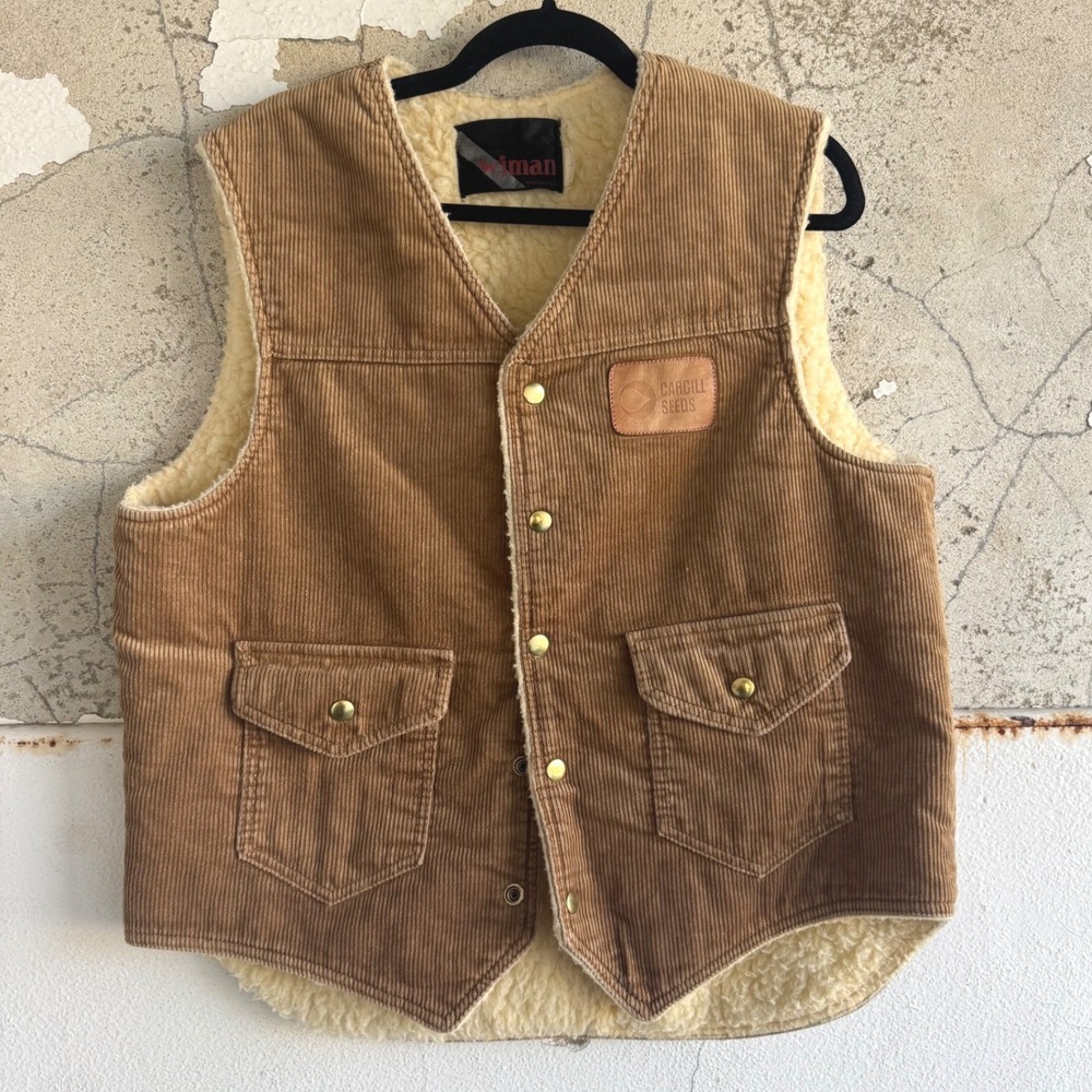 Vintage Wiman Corduroy Vest Sherpa Lined Cargill Seeds 80s Workwear USA Made L